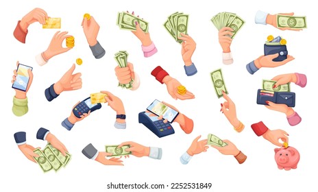 Ilustración vectorial de juego de dinero manos. Caricatura: las manos de hombres y mujeres pagan con billetes de la cartera y la tarjeta de crédito, las armas humanas cuentan moneda y toman dinero en papel, dan monedas de oro al banco de cerdos.