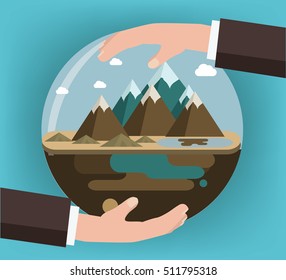 Hands hold a 
mountain landscape. Vector illustration.