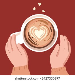 hands hold a mug of coffee with a heart drawn in it. latte art, coffee, love concept