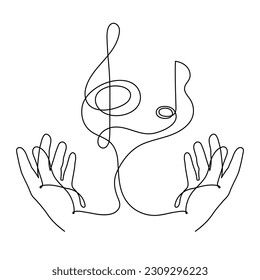 Hands halten musikalische Dreifach-Klammer und notieren eine Linie Kunst, handgezeichnet durchgängig Kontur. Künstlerisches Kreativkonzept, minimalistisches Design. Bearbeitbarer Strich. Einzeln. Vektorgrafik
