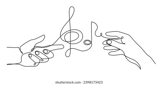 Hands hold musical treble clef and notes one line art, hand drawn continuous contour. Artistic creative concept, minimalist outline design. Editable stroke. Isolated. Vector illustration
