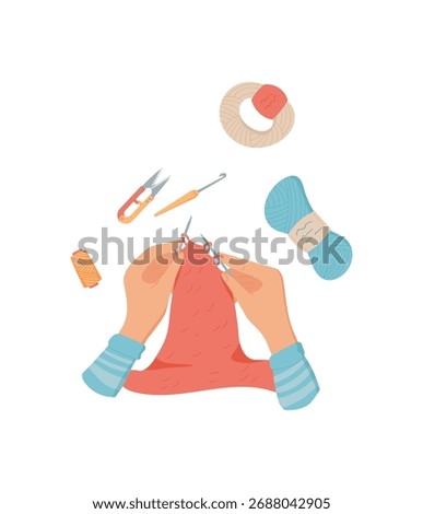 Hands hold needle and yarn while sewing a colorful piece of fabric. Craft tools include scissors and supplies for DIY activities. Concept of hobby, creativity, handmade elements.
