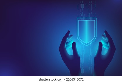 Hands hold a neon virtual shield on one of the data streams. Vector illustration on the topic of cybersecurity. Template for a horizontal banner or poster.