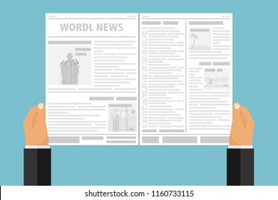 Hands hold a newspaper with news. A man is reading a newspaper. Flat design, vector illustration, vector.