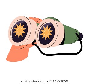 Hands hold and observe through binoculars. People search, watch on sun, sunlight, star. Curiosity, find hope, look for opportunity concept. Flat isolated vector illustration on white background