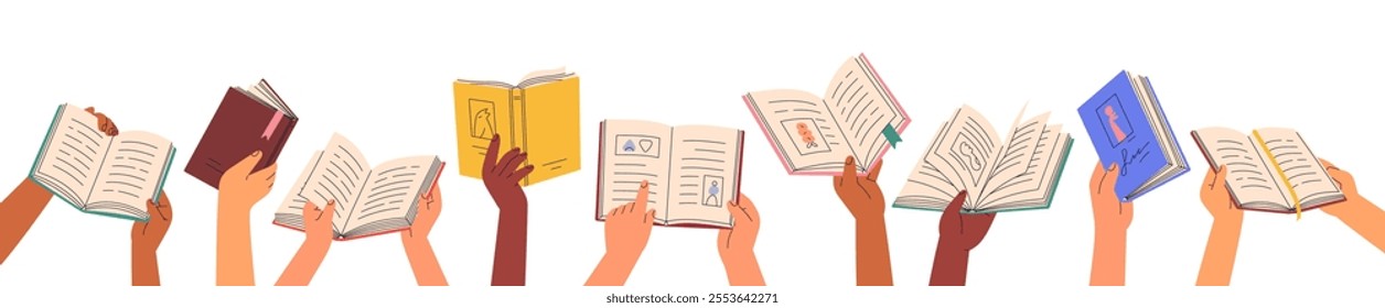 Hands hold open books, reading, set. Studying, learning, turning paper pages for knowledge. Education and fiction literature, science and novels. Flat vector illustration isolated on white background