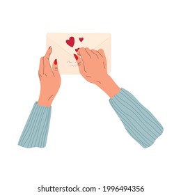 Las manos sostienen y abren un sobre con corazones. Ilustración de moda dibujada a mano para el diseño de pancartas, tarjetas de felicitación y papel. Entrega de correo y oficina de correos