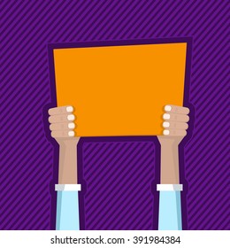 Hands hold an orange card. Flat colourful background. Vector. 