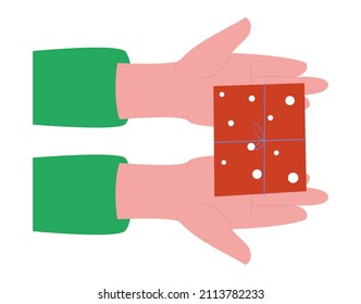 Hands hold out a small box with a gift. Gift for the holiday. View from above. Isolated, on a white background. Flat vector.