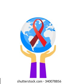 Hands Hold Palm Earth Globe World AIDS Day Awareness Red Ribbon Concept Vector Illustration