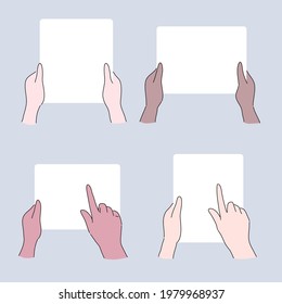 Hands hold paper to present something design of vector.