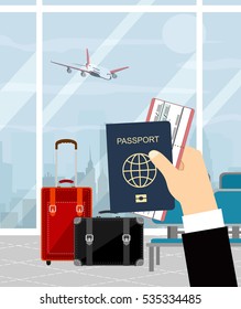 Hands hold passport and boarding pass waiting flight inside of airport with a plane, cityscape in background. Travel concept. Vector illustration in flat design.