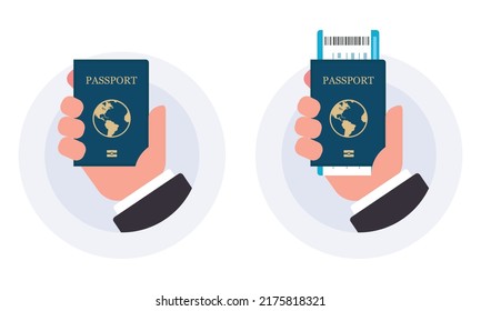 Hands hold passports. Vector cartoon flat set isolated on white background.