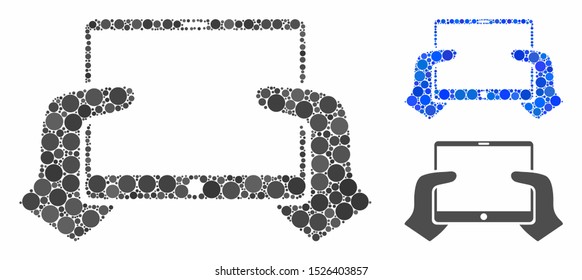 Hands hold PDA mosaic for hands hold PDA icon of round dots in variable sizes and color hues. Vector round dots are organized into blue mosaic. Dotted hands hold PDA icon in usual and blue versions.