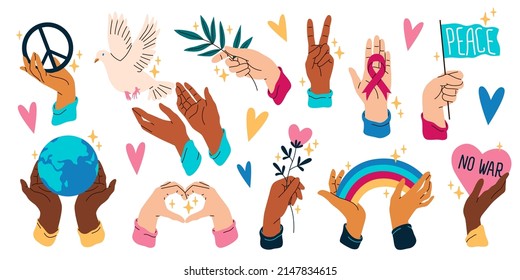 Hands hold peace symbols. Human arms with freedom, love, ecological elements and objects, planet Earth, rainbow, flying dove, stop war sign, charity and donation vector cartoon flat set