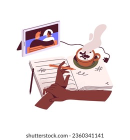 Hands hold pen, take notes. Person watch movie, video on tablet, planning in open notebook, write dreams, ideas, thoughts in a diary, rest with coffee, tea. Flat isolated vector illustration on white