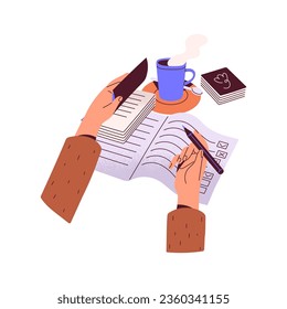 Hands hold pen, turn page. Person edit to do list, schedule, planning in notebook. Woman writes points on checklist. People make a plan on paper. Flat isolated vector illustration on white background