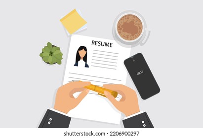 Hands hold pen while businessman examines resume. The concept of hiring, search for the professional worker, analyzing of resume. Recruitment, human resource management. Table top view. Vector illustr