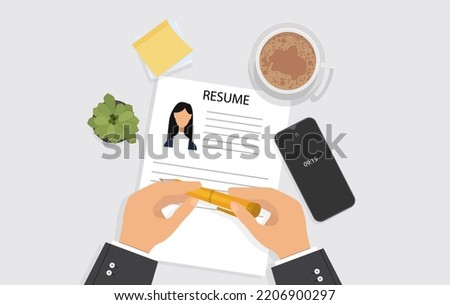 Hands hold pen while businessman examines resume. The concept of hiring, search for the professional worker, analyzing of resume. Recruitment, human resource management. Table top view. Vector illustr