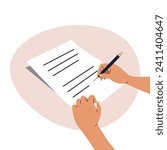 Hands hold a pen and write on paper. A person writes a letter, signs a document. The concept of an agreement, notarization of a document, signing a contract. Vector illustration in flat style.