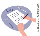 Hands hold a pen and write on paper. A person writes a letter, signs a document. The concept of an agreement, notarization of a document, signing a contract. Vector illustration in flat style.	
