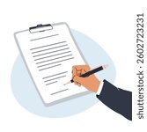 Hands hold a pen and write on paper. A person writes a letter, signs a document. The concept of an agreement, notarization of a document, signing a contract. Vector illustration in flat style.	