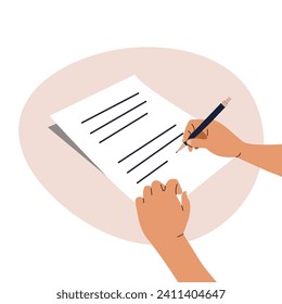 Hands hold a pen and write on paper. A person writes a letter, signs a document. The concept of an agreement, notarization of a document, signing a contract. Vector illustration in flat style.