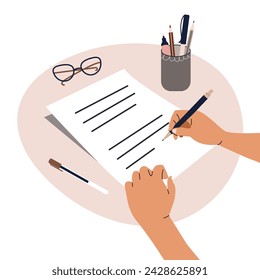 Hands hold a pen and write on paper. A person writes a letter, signs a document. The concept of an agreement, notarization of a document, signing a contract. Vector illustration in flat style.