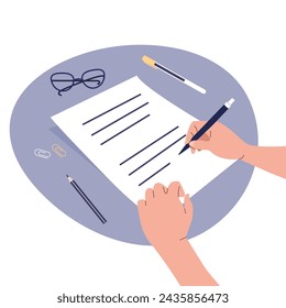 Hands hold a pen and write on paper. A person writes a letter, signs a document. The concept of an agreement, notarization of a document, signing a contract. Vector illustration in flat style.	
