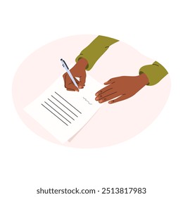 Hands hold a pen and write on paper. A person writes a letter, signs a document. The concept of an agreement, notarization of a document, signing a contract. Vector illustration in flat style.