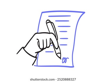 Hands hold pen and write on paper icon. Person write letter, sign document. The concept of agreement, notarization of document, signing contract. Vector illustration in line doodle simple style.