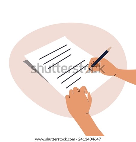 Hands hold a pen and write on paper. A person writes a letter, signs a document. The concept of an agreement, notarization of a document, signing a contract. Vector illustration in flat style.