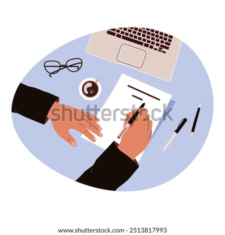 Hands hold a pen and write on paper. A person writes a letter, signs a document. The concept of an agreement, notarization of a document, signing a contract. Vector illustration in flat style.