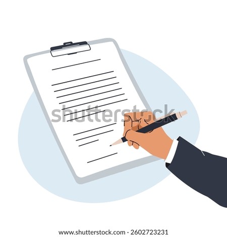 Hands hold a pen and write on paper. A person writes a letter, signs a document. The concept of an agreement, notarization of a document, signing a contract. Vector illustration in flat style.	