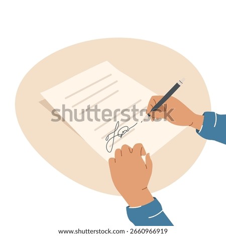 Hands hold a pen and write on paper. A person writes a letter, signs a document. The concept of an agreement, notarization of a document, signing a contract. Vector illustration in flat style.	