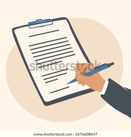 Hands hold a pen and write on paper. A person writes a letter, signs a document. The concept of an agreement, notarization of a document, signing a contract. Vector illustration in flat style.	
