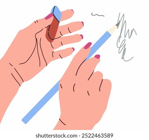 Hands hold pencil and eraser vector isolated. Office supplies and school equipment. Office tools.