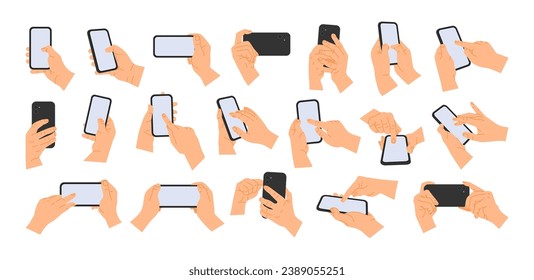 Hands hold phone. Cartoon hand holding cellphone, empty screen. Person using mobile phone, fingers touching screen. People use smartphone gadget, send message. Vector set. Human palm with device