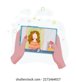 Hands hold a phone. Concepts of internet network communications. People chatting and chatting together on social networks. Woman holding a phone or tablet in her hand. Vector illustration.