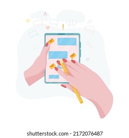 Hands hold a phone. Concepts of internet network communications. People chatting and chatting together on social networks. Woman holding a phone or tablet in her hand. Vector illustration.