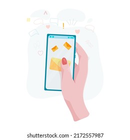 Hands hold a phone. Concepts of internet network communications. People chatting and chatting together on social networks. Woman holding a phone or tablet in her hand. Vector illustration.