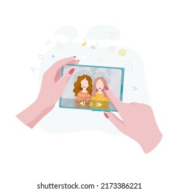 Las manos sostienen un teléfono. Conceptos de las comunicaciones de la red de internet. Gente charlando y conversando juntos en las redes sociales. Mujer sosteniendo un teléfono o un tablet en su mano. Ilustración vectorial.