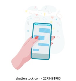 Las manos sostienen un teléfono. Conceptos de las comunicaciones de la red de internet. Gente charlando y conversando juntos en las redes sociales. Mujer sosteniendo un teléfono o un tablet en su mano. Ilustración vectorial.