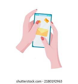 Las manos sostienen un teléfono. Conceptos de las comunicaciones de la red de internet. Gente charlando y conversando juntos en las redes sociales. Mujer sosteniendo un teléfono o un tablet en su mano. Ilustración vectorial.