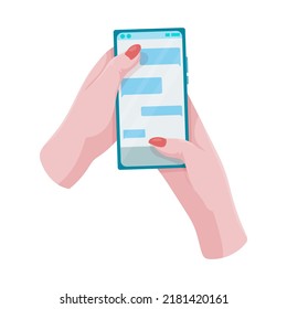 Hands hold a phone. Concepts of internet network communications. People chatting and chatting together on social networks. Woman holding a phone or tablet in her hand. Vector illustration.