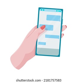 Hands hold a phone. Concepts of internet network communications. People chatting and chatting together on social networks. Woman holding a phone or tablet in her hand. Vector illustration.