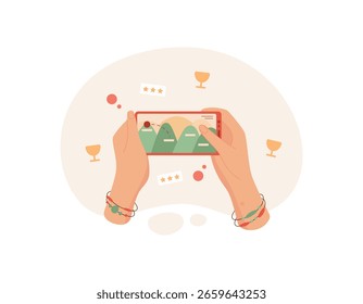 Las manos sostienen un teléfono que muestra un juego digital en la pantalla. Un usuario reproduce un App interactivo en un dispositivo móvil. Esta experiencia de juego muestra la tecnología en un contexto divertido, adecuado para los medios y