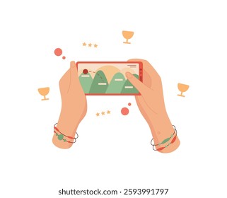 Hands hold a phone displaying a game app. A user interacts with the phone screen using fingers to tap and play. Digital technology meets mobile gaming, flat illustration with cool concept, ideal for