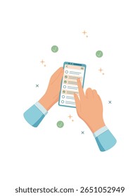 Las manos sostienen un teléfono que muestra un App de lista de tareas. El dispositivo móvil muestra las tareas organizadas en la pantalla. El gesto táctil interactúa con la aplicación, estilo plano, ideal para conceptos de productividad y digital