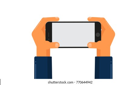 Hands hold the phone in a horizontal position